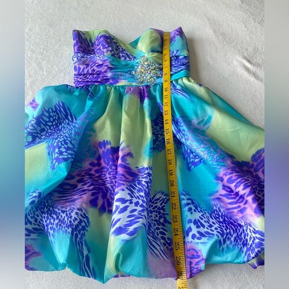 Mori Lee Sticks & Stones Teal/Purple Leopard Bubble Hem Mini Dress, size 3/4 - Picture 11 of 16